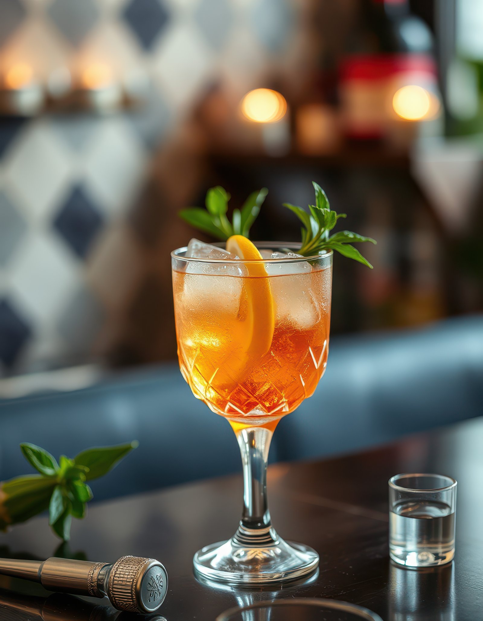 Refreshing cocktail with lemon and mint served in elegant glass at a cozy bar setting